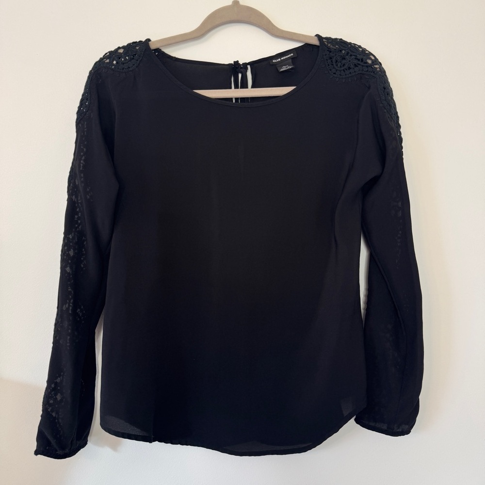 Club Monaco Blouse 100% Silk Black Long Sleeve Shirt Eyelet Crochet Sz XS